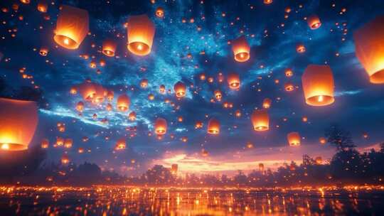 夜空中放飞的孔明灯美景
