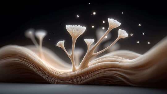 菌丝体生长与发光孢子飞舞的抽象艺术