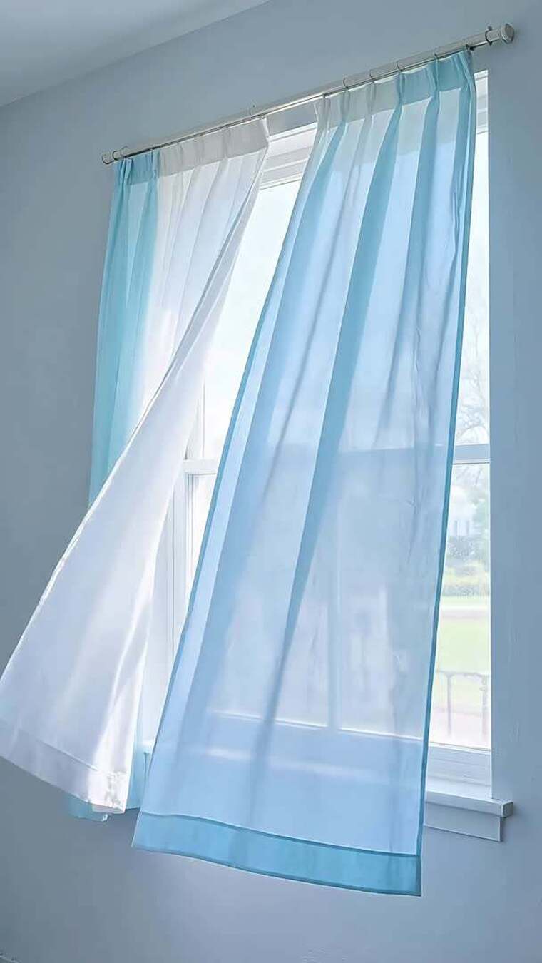 室内窗边飘动的蓝白色窗帘