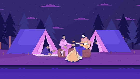 玩吉他朋友露营帐篷线卡通动画
