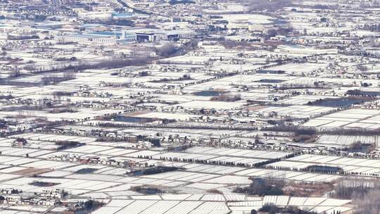 航拍乡镇雪景学校建筑田地大桥别墅河流房屋