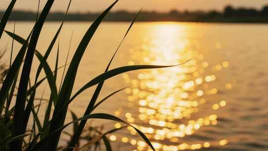 夕阳下波光粼粼的湖面景象