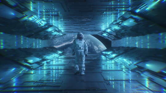 宇航员走在科幻霓虹灯宇宙飞船隧道与行星地