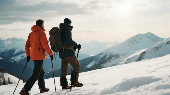 两人雪山徒步眺望远方