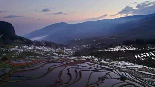 云南哈尼族元阳梯田多依树景区日出清晨航拍