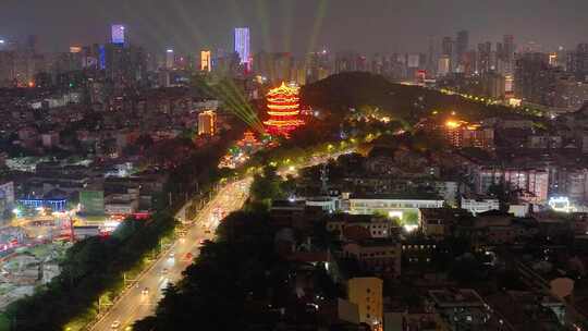 湖北黄鹤楼公园武汉长江大桥夜晚夜景航拍车