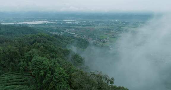 航拍四川乡村美景薄雾飘在空中