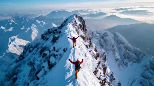 登山者雪山山顶张开双臂