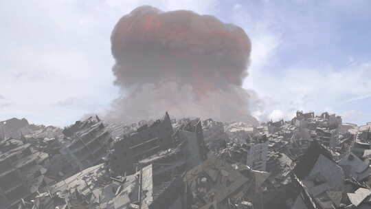 巨大的核爆炸接近被摧毁的城市，空中