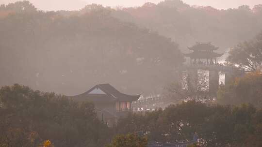 杭州西湖玉带桥晨曦风景