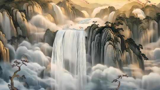 高山流水瀑布的中国风山水动画视频素材模板下载