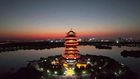 航拍滨州市黄河楼夜景晚霞