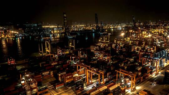 香港港口码头夜景航拍延时摄影
