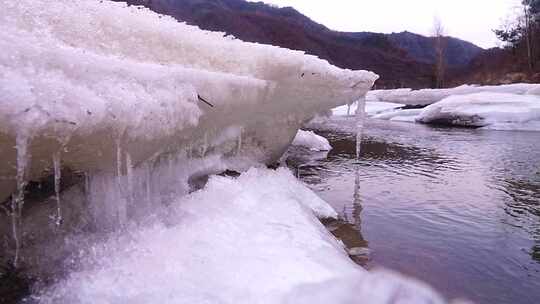 初春 冰雪融化 解冻 冰层 流水 融冰 河流