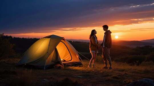 情侣户外露营日落场景