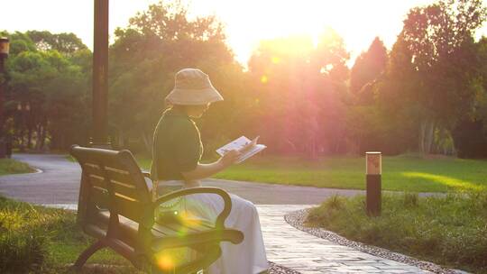 阳光下在公园看书阅读实拍