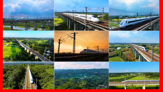 中国动车高铁航拍和谐号复兴号夕阳下的动车高清在线视频素材下载