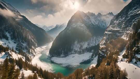 雪山河流自然风光全景