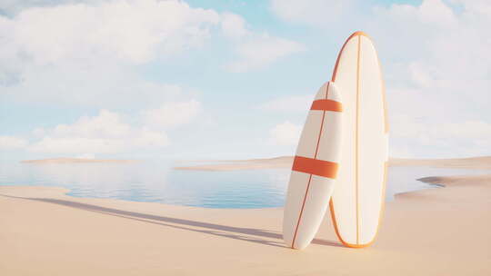 沙滩上的橙色冲浪板3D渲染