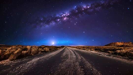 旷野公路夜空银河景象