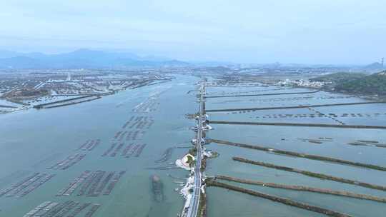 航拍广东汕尾水上海鲜养殖区及道路