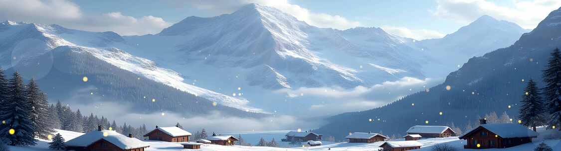 8k雪山脚下村庄里炊烟袅袅升起与雪山背景