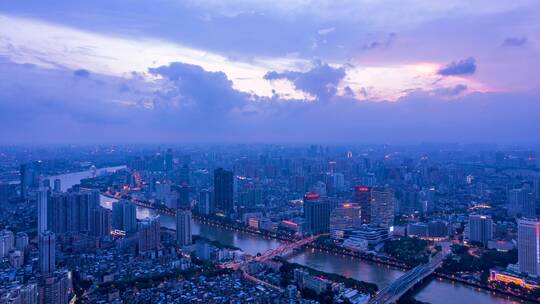 广州珠江城市建筑夜景与夕阳晚霞航拍延时