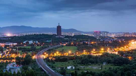 北京永定塔与高铁同框日转夜延时摄影