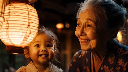 祖孙二人灯笼下温馨的笑容