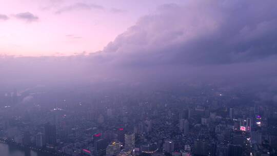 广州城市天空夕阳晚霞云雾缭绕航拍风光