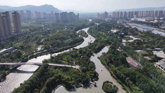 青海西宁海湖湿地公园航拍