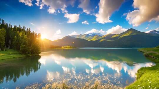 山水湖泊森林阳光美景