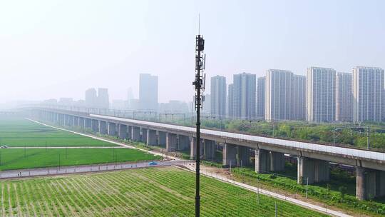 航拍杭州萧山开发区高速电气化铁路