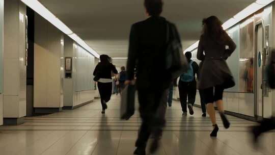 地铁站内行人匆忙奔跑画面