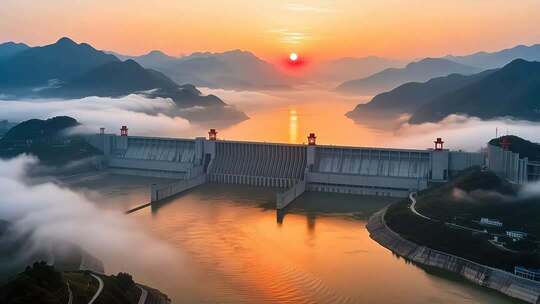 航拍云雾缭绕下的长江三峡大坝日出壮丽延时