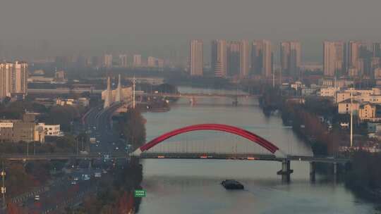 4K航拍昆山城市冬日日落风光建筑大景