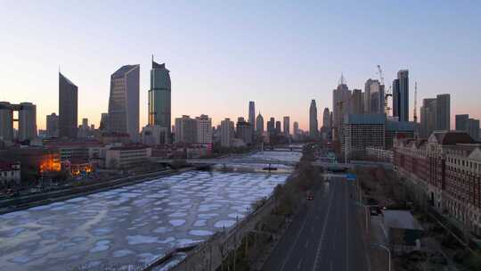 天津海河风景小白楼CBD城市风光傍晚航拍