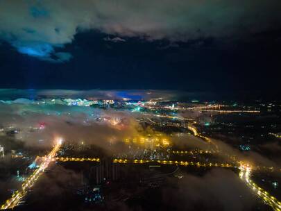 湖北宜昌城区夜景雨后航拍延时