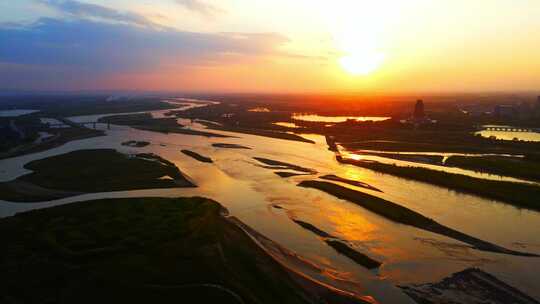 夕阳河水-黄河落日--黄河大景航拍视频素材模板下载