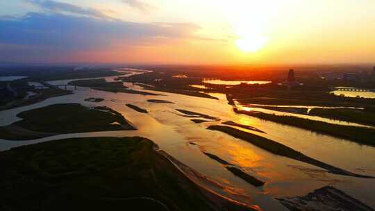 夕阳河水-黄河落日--黄河大景航拍