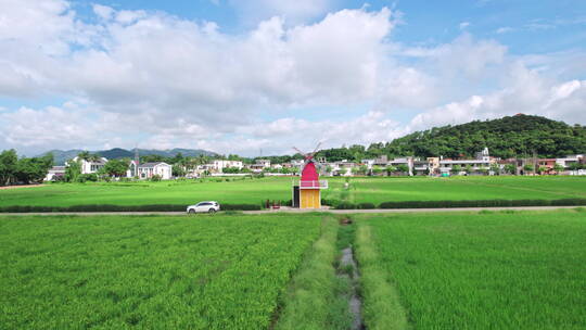 夏日里绿油油的稻田风车美丽的乡村田野航拍