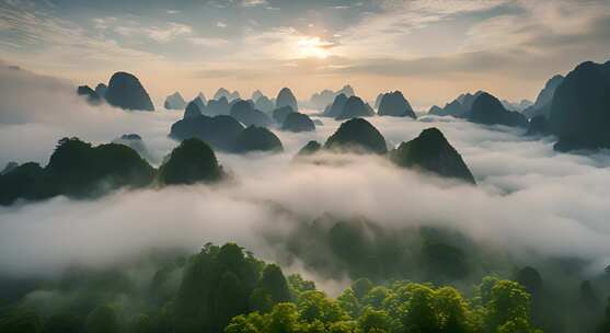 桂林山水风景山峰云海群山云雾缭绕自然风景