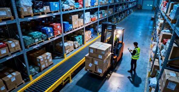 仓库工人操作叉车搬运货物