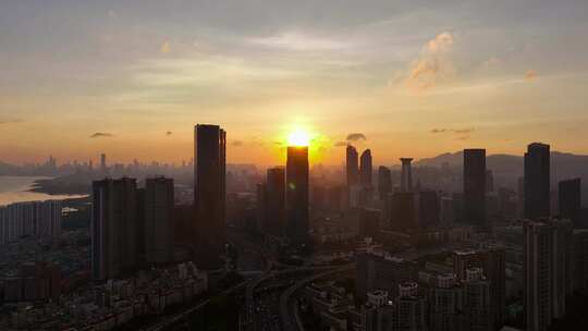 深圳车公庙上下沙晚霞夜景航拍