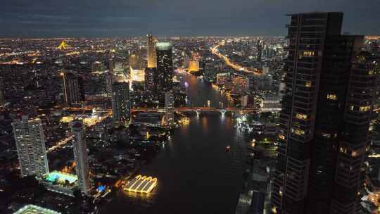 泰国曼谷湄南河城市高楼夜景航拍风光