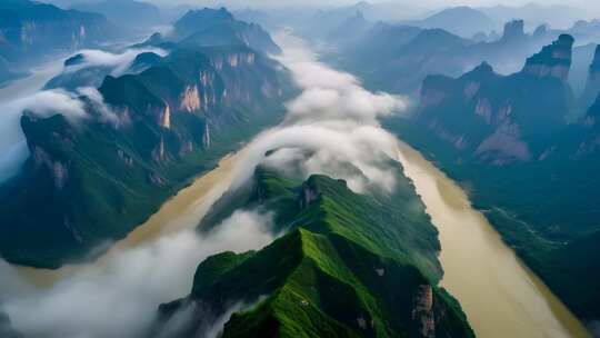 云雾缭绕的壮丽山河风景