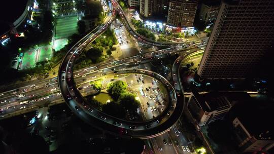 福州城市天际线五四路交通路口航拍高楼夜景