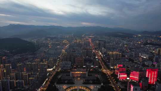 福建龙岩城市夜幕降临晚霞夜景灯光航拍