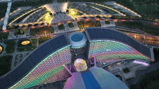 武汉国际博览中心夜景，俯视环绕镜头