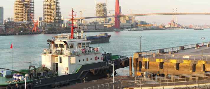 红色斜拉桥横跨水面船只风景镜头组